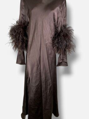 Lapointe Women's Brown Feather-Cuff Satin Midi-Dress Size 8